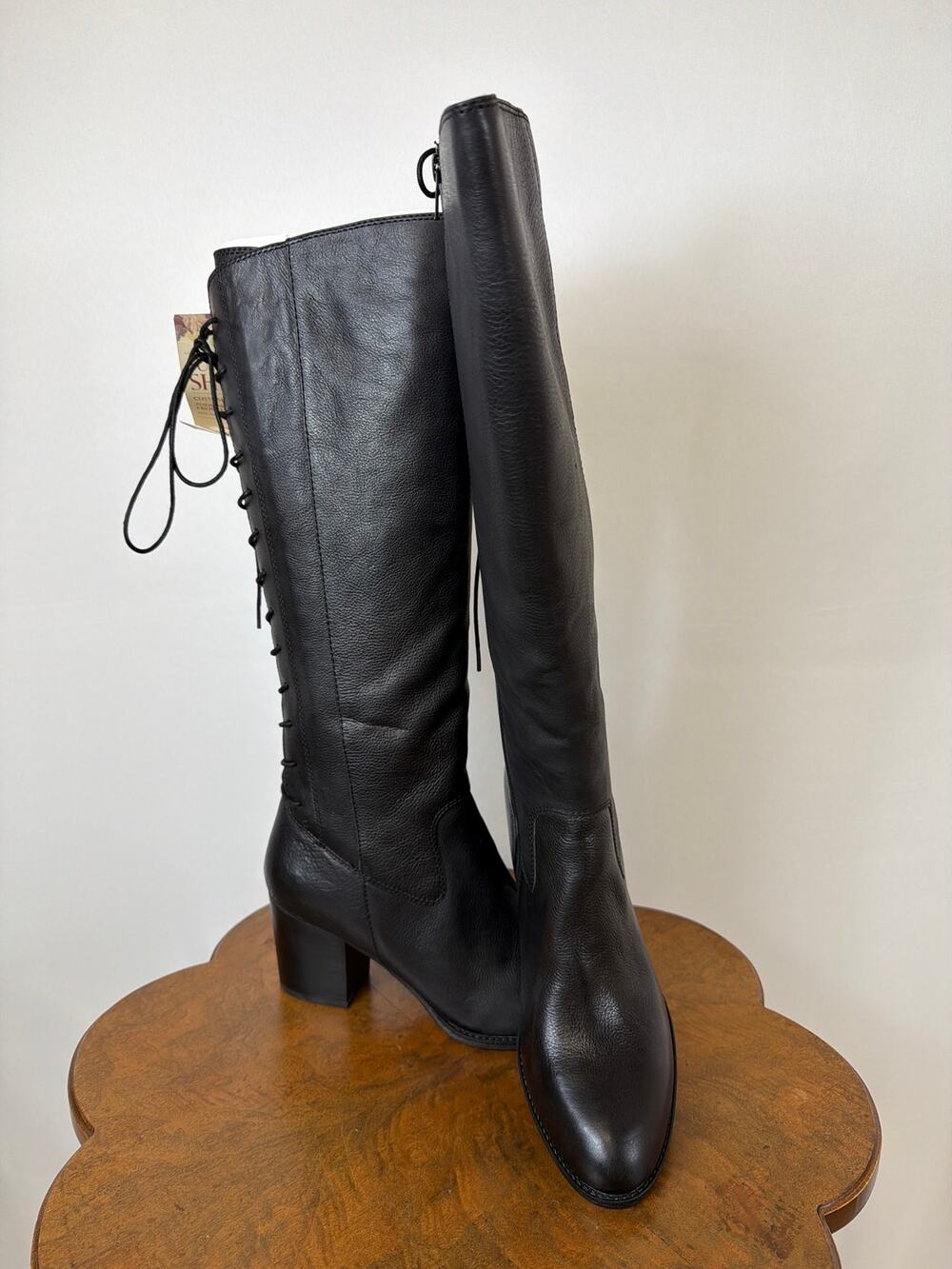NWT Sofft Black Lace Up Zip Knee High Boots Size 10 3 Inch Heel Adj Calf
